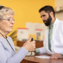 Senior woman taking a pure tone hearing test