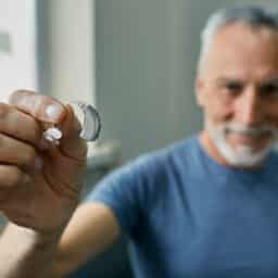 Senior man holding BTE hearing aid in hand on foreground, close-up. Treatment of deafness in elderly people