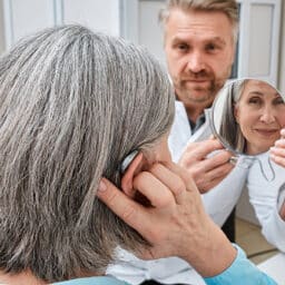 Senior woman trying on a hearing aid while looking into a mirror held by a hearing aid specialist in audiology clinic. Stylish hearing device